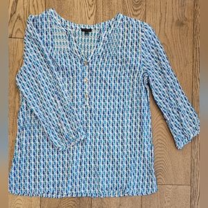 Talbots Popover Band Collar V Neck White with Blue and Green Sea Horses …